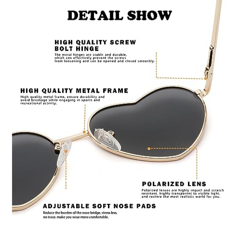 NULOOQ 하트 모양의 편광 선글라스 여성용 금속 프레임 히피 러블리 큐피드 스타일 UV400 보호
