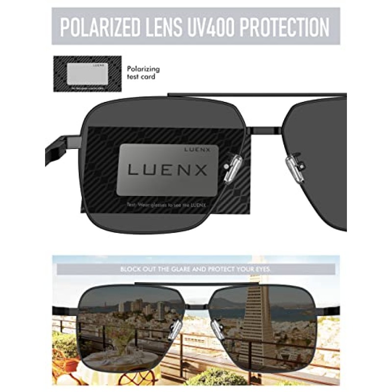 남성용 LUENX 에비에이터 선글라스, 트렌디한 복고풍 오버사이즈 직사각형 프레임 UV400 보호