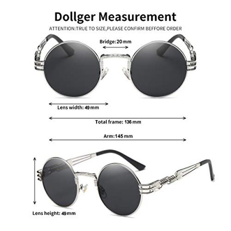 Dollger 라운드 선글라스 스팀펑크 메탈 클래식 프레임 미러 렌즈(C1:블랙 렌즈+ 실버 프레임)