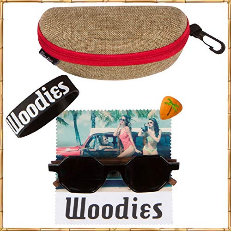 Woodies 남성용 및 여성용 편광 월넛 우드 블랙 육각형 선글라스 | 실제 나무 프레임 | 100% UVA/UVB 광선 차단