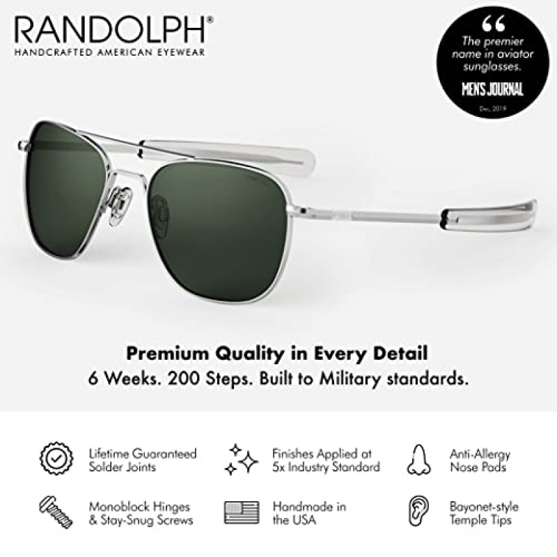 랜돌프 미국 | 남성용 또는 여성용 밝은 크롬 클래식 에비에이터 선글라스 100% UV