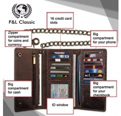 F&L CLASSIC RFID 차단 남성용 3단 롱 스타일 소가죽 가죽 스틸 체인 지갑, 앤틱 다크 브라운