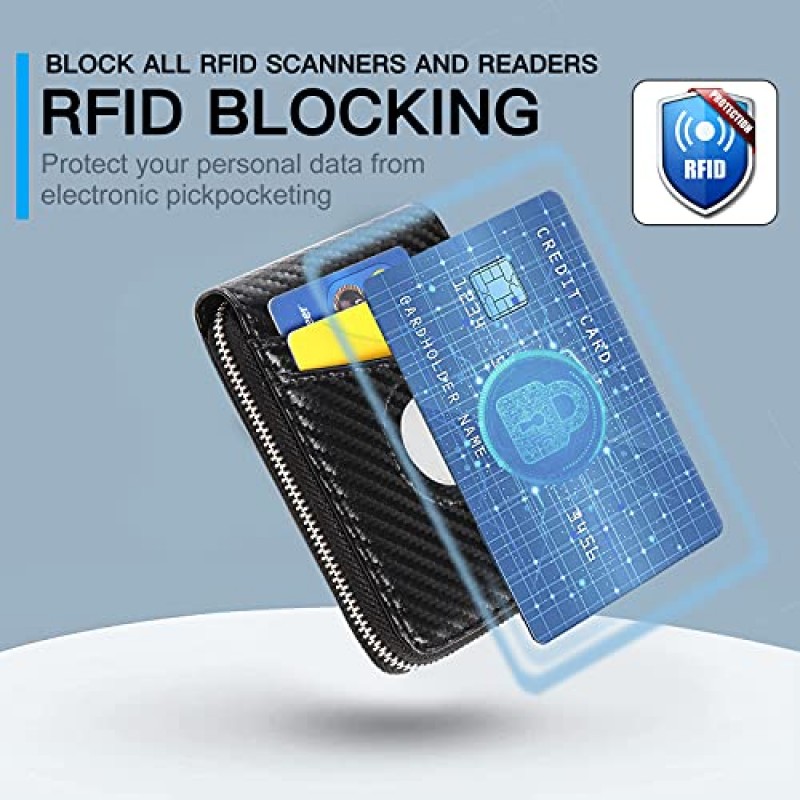 Huztencor AirTag 지갑, 남성용 지갑 지퍼 RFID 슬림 가죽 RFID 신용 카드 지갑, Apple AirTag 탄소 섬유 블랙용 케이스 홀더 내장