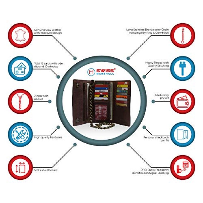 스위스 마샬 남성용 RFID 신호 차단 바이커의 빈티지 브라운 가죽 긴 삼중 체인 수표 카드 ID 지갑