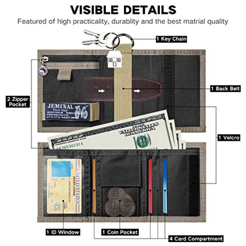 JEMINAL 삼중 캔버스 야외 스포츠 소년용 지갑 - 여성 및 남성용 키체인 지갑