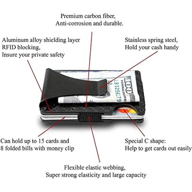 VOVEWAN 남자 탄소 섬유 지갑 RFID 차단 슬림 지갑 스마트 클립 알루미늄 금속 엄밀한 지갑 남편 아빠를위한 선물 머니 클립 지갑 현금 신용 카드 소지자