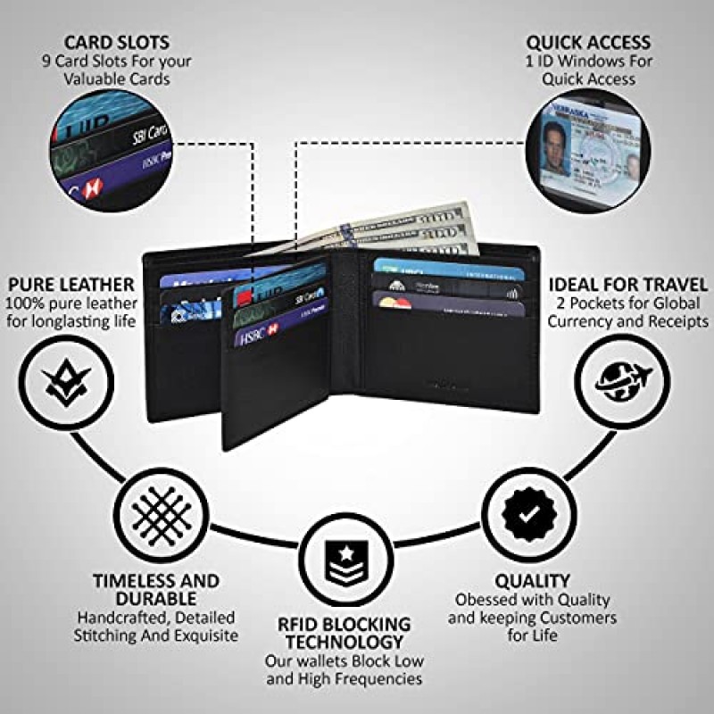 NeoMonte 수제 RFID 가죽 남성용 지갑은 다양한 색상으로 제공되며 카드 9개와 ID 슬롯 1개를 제공합니다.