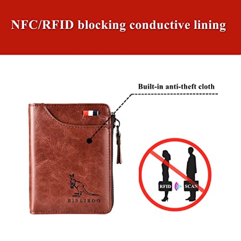 지퍼가 달린 남성용 가죽 지갑, 카드 홀더 및 머니 클립이 있는 RFID 차단 이중 지갑 Cartera Para Hombre(브라운)