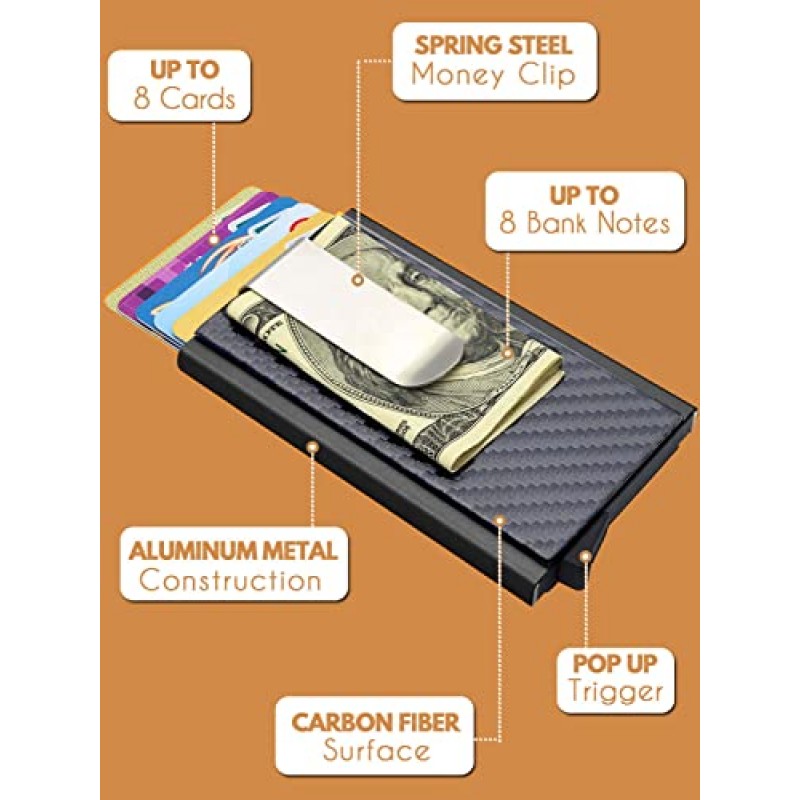 MOSIYEEF 남성용 팝업 스텔스 지갑 - 머니 클립이 있는 남성용 RFID 차단 카드 지갑 - 가죽으로 감싼 미니멀리스트 카드 홀더 - 신용 카드 6개용 전면 포켓 슬림 지갑 - 그를 위한 선물