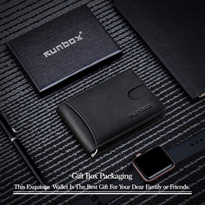 RUNBOX 남성용 정품 가죽 슬림 지갑 RFID 차단 Bifold 미니멀리스트 프론트 포켓 남성용 지갑 머니 클립 얇은 선물 상자