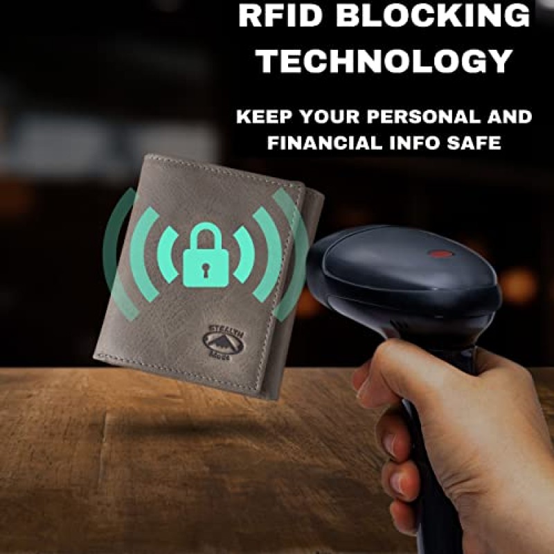 플립 아웃 ID 홀더가 있는 남성용 스텔스 모드 가죽 삼중 RFID 지갑(회색)