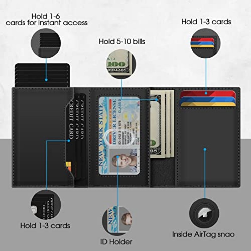 GAOCHALE 남성용 지갑 [탑 그레인 가죽] 에어태그 지갑 [퀵 액세스] RFID 차단 미니멀리스트 남성용 지갑 최대 11장 이상 카드(에어태그 미포함)(블랙)