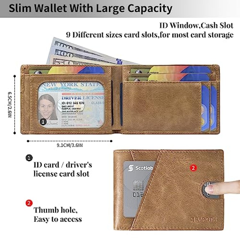 남성용 정품 가죽 지갑, 남성용 슬림 지갑, ID 창이 있는 남성용 RFID 지갑|청구서 슬롯|9 카드 슬롯, 남성용 전면 포켓 지갑, 남성용 지갑 선물 상자가 있는 남성용 가죽 선물