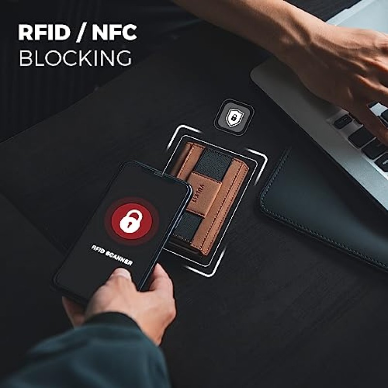 VULKIT 남성용 슬림 지갑 내부 팝업 RFID 차단 알루미늄 카드 홀더 현금 스트랩과 ID 창이 있는 가죽 미니멀리스트 지갑 브라운