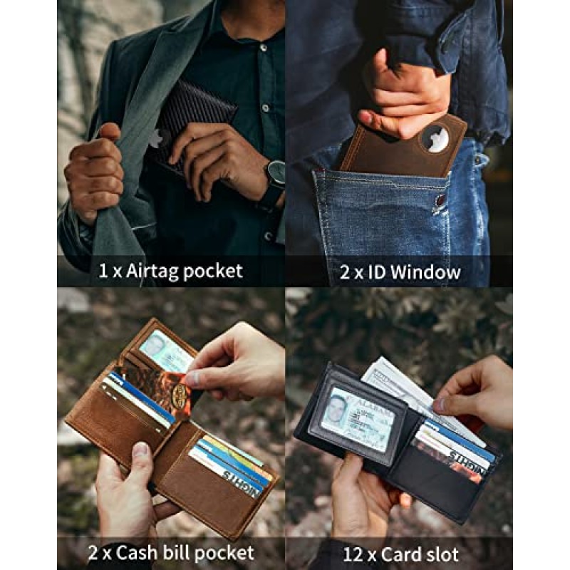 AirTag 지갑 - AirTag 홀더가 있는 이중 정품 가죽 RFID 차단 남성용 지갑 2 ID Windows 12 카드 홀더 - 선물 상자 - Airtag 보호 필름 포함 - Airtag 미포함