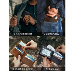 AirTag 지갑 - AirTag 홀더가 있는 이중 정품 가죽 RFID 차단 남성용 지갑 2 ID Windows 12 카드 홀더 - 선물 상자 - Airtag 보호 필름 포함 - Airtag 미포함