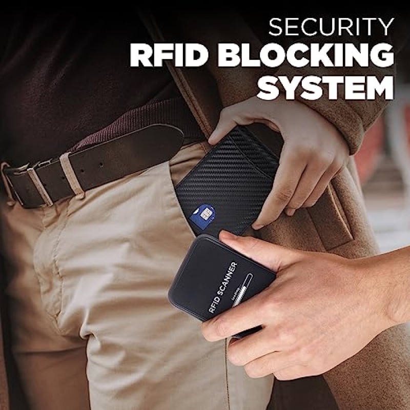 Define Essentials 남성용 탄소 섬유 미니멀리스트 슬림 이중 지갑 - RFID 차단, 머니 클립, 정품 가죽 - 세련되고 안전하며 기능적