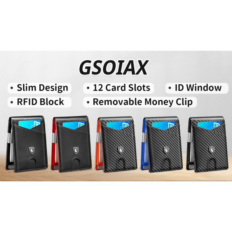 GSOIAX 남성용 슬림 가죽 RFID 이중 지갑(머니 클립 및 12개 신용 카드 소지자 포함) - ID 창이 있는 미니멀리스트 전면 포켓 지갑, 멋진 홈 디자인(카본 블루)