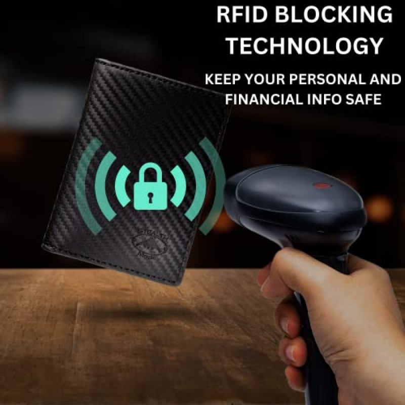 스텔스 모드 남성용 슬림 프론트 포켓 지갑 - RFID 차단, 얇은 미니멀리스트 디자인, 천연 가죽 - ID 배지 창 및 돈, 신용 카드, 운전 면허증용 슬리브 5개(탄소 섬유 가죽)