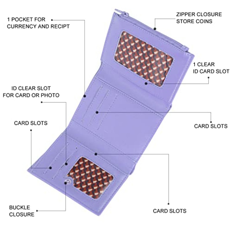 남성 및 여성용 Sanlykate PU 가죽 삼단 지갑, 카드 슬롯 6개 + ID 창 슬롯 2개 + 동전 지퍼 포켓 1개 + 메모 칸 1개가 있는 RFID 차단 지갑, 보라색
