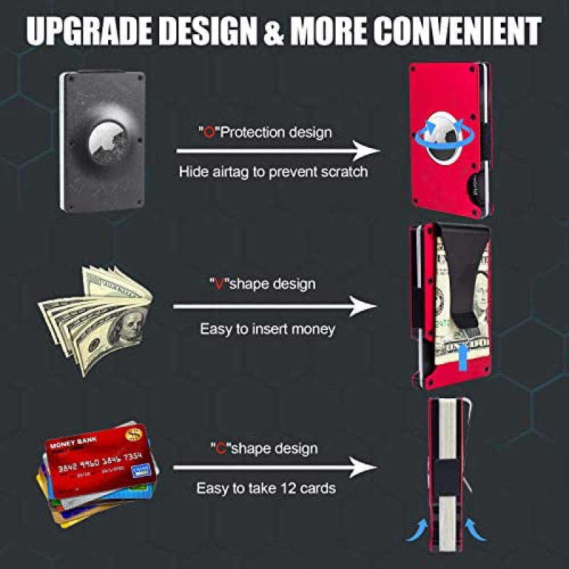 남성용 Bingcok AirTag 지갑, 미니멀리스트 알루미늄 금속 머니 클립 지갑, Airtag 홀더가 있는 RFID 차단 슬림 현금 신용 카드 소지자 지갑, Airtag용 남성용 지갑(빨간색)