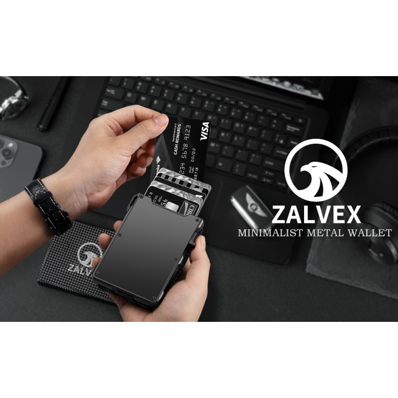 ZALVEX 남성용 슬림 지갑: 미니멀리스트 RFID 차단 팝업 카드 케이스, 스마트 이중 접이식 얇은 전면 포켓 컴팩트 지갑 | 아이디 창 | 머니클립(선물박스)(탄소섬유)