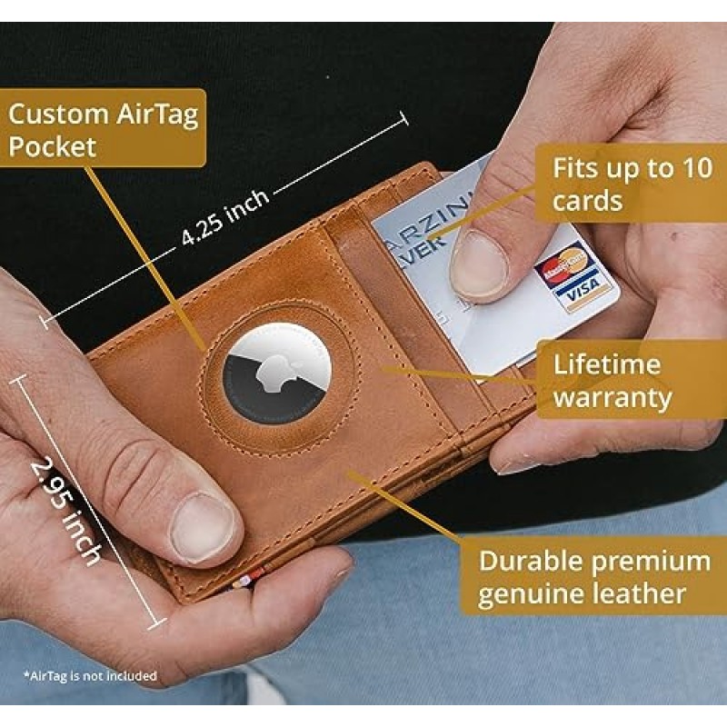 GARZINI 매직 에어태그 지갑, 에어태그 홀더가 있는 남성용 지갑, RFID 카드 홀더가 있는 미니멀리스트 지갑, 카드 10개용 가죽 지갑, 카멜 브라운