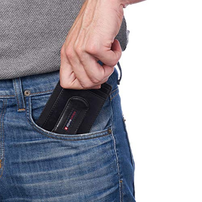 Alpine Swiss Dermot 남성용 RFID 안전 머니 클립 전면 포켓 지갑 가죽 선물 상자에 들어 있음 블랙