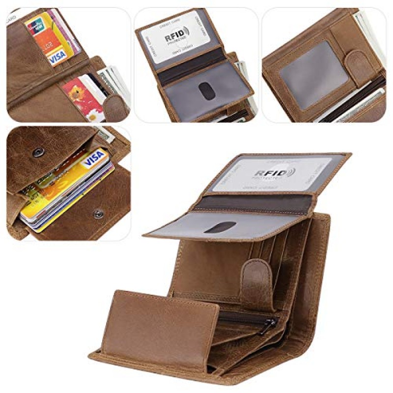 HAWEE Trifold Billfold 남성용 RFID 차단 쇠가죽 채찍으로 치다 가죽 지갑 10 카드 슬롯 2 ID Windows with Coin Pocket