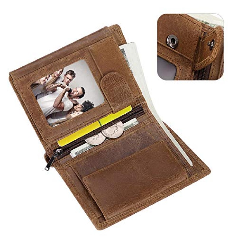 HAWEE Trifold Billfold 남성용 RFID 차단 쇠가죽 채찍으로 치다 가죽 지갑 10 카드 슬롯 2 ID Windows with Coin Pocket