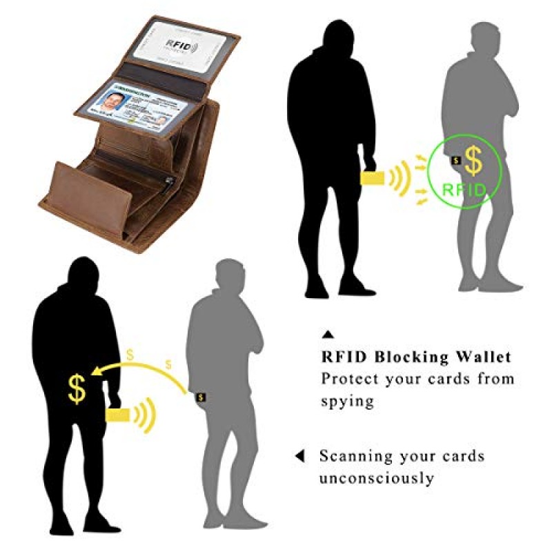 HAWEE Trifold Billfold 남성용 RFID 차단 쇠가죽 채찍으로 치다 가죽 지갑 10 카드 슬롯 2 ID Windows with Coin Pocket