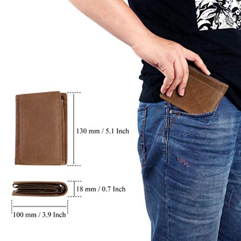 HAWEE Trifold Billfold 남성용 RFID 차단 쇠가죽 채찍으로 치다 가죽 지갑 10 카드 슬롯 2 ID Windows with Coin Pocket