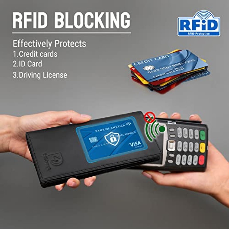 체인이 있는 남성용 지갑, RFID 차단 롱 스타일 정품 가죽 지갑(신용 카드 포함), 트럭 운전사 및 바이커용 수표 홀더 B05