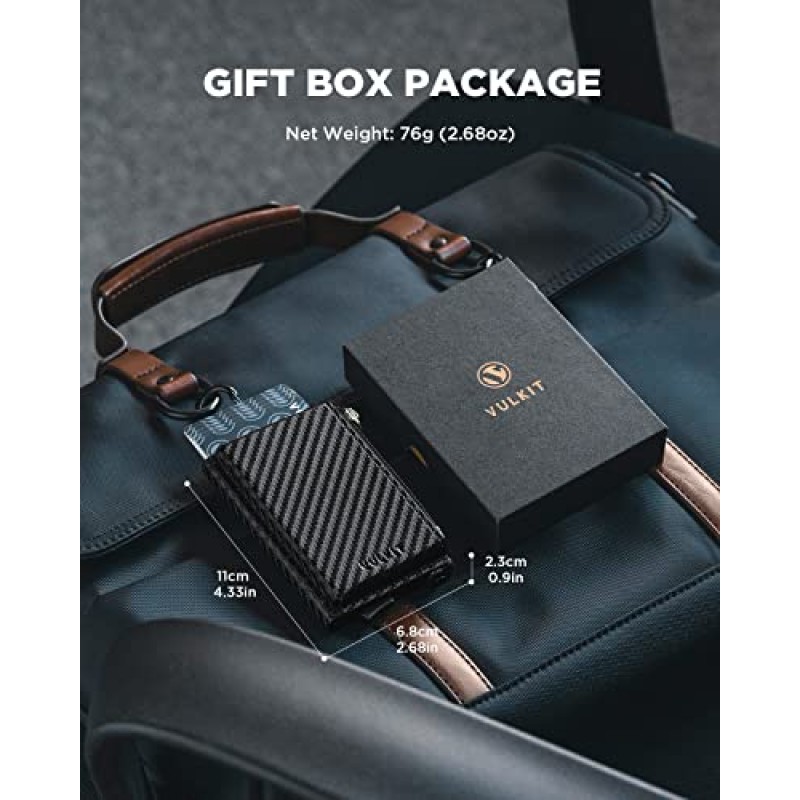 가죽 지퍼 포켓이 있는 VULKIT 신용 카드 소지자 팝업 지갑 RFID 차단 남성용 또는 여성용 슬림 금속 카드 케이스(카본 블랙)