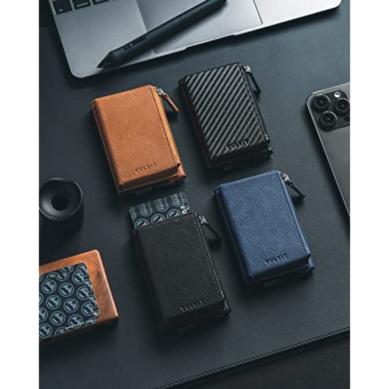 가죽 지퍼 포켓이 있는 VULKIT 신용 카드 소지자 팝업 지갑 RFID 차단 남성용 또는 여성용 슬림 금속 카드 케이스(카본 블랙)