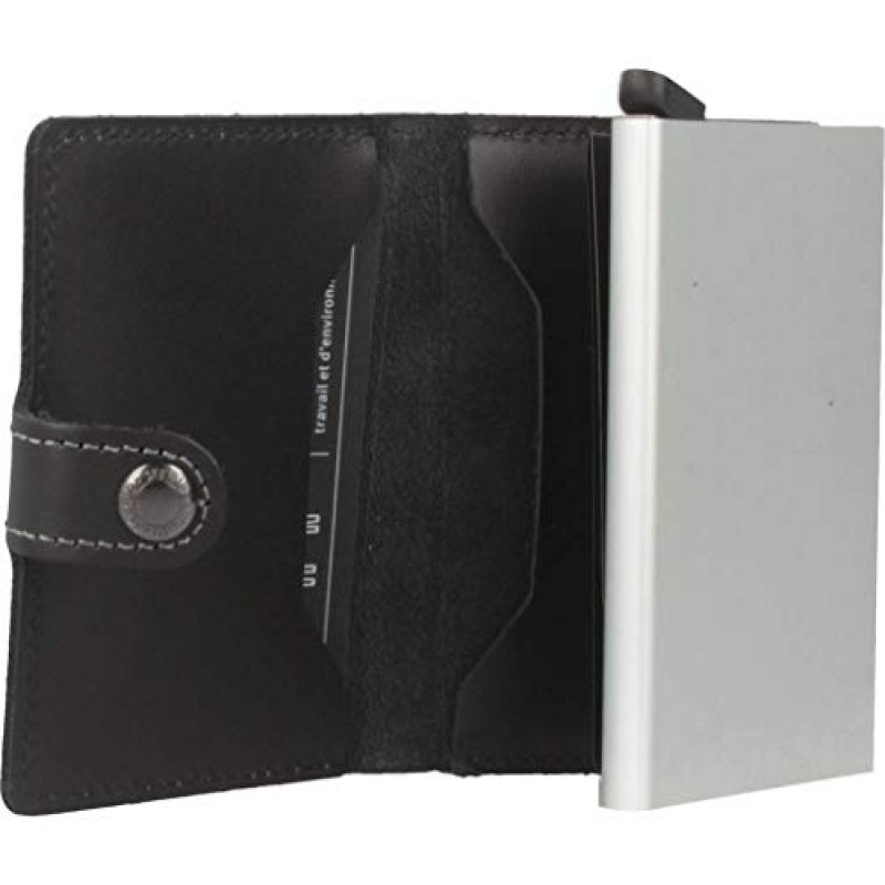 RFID 보호 기능을 갖춘 Secrid 미니 지갑 정품 블랙 가죽 / 한 번의 클릭으로 모든 카드가 점차적으로 슬라이드 됨