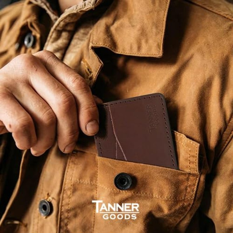 TANNER GOODS 남성용 지갑, Journeyman. 남성용 가죽 지갑. 전면 슬림 4 카드 포켓 지갑, 카드홀더. 미국산, 코냑 브라운 잉글리쉬 브라이들 가죽