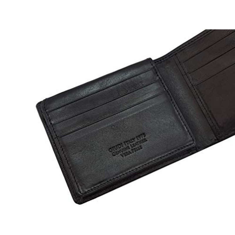 Giudi Deluxe Bifold 남성용 지갑 Made in Italy – 비즈니스 신용카드 소지자 6개 – 현금 포켓 2개 – 신분증 및 운전면허증용 창 2개 - 부드러운 정품 소가죽 - 우아한 블랙 컬러