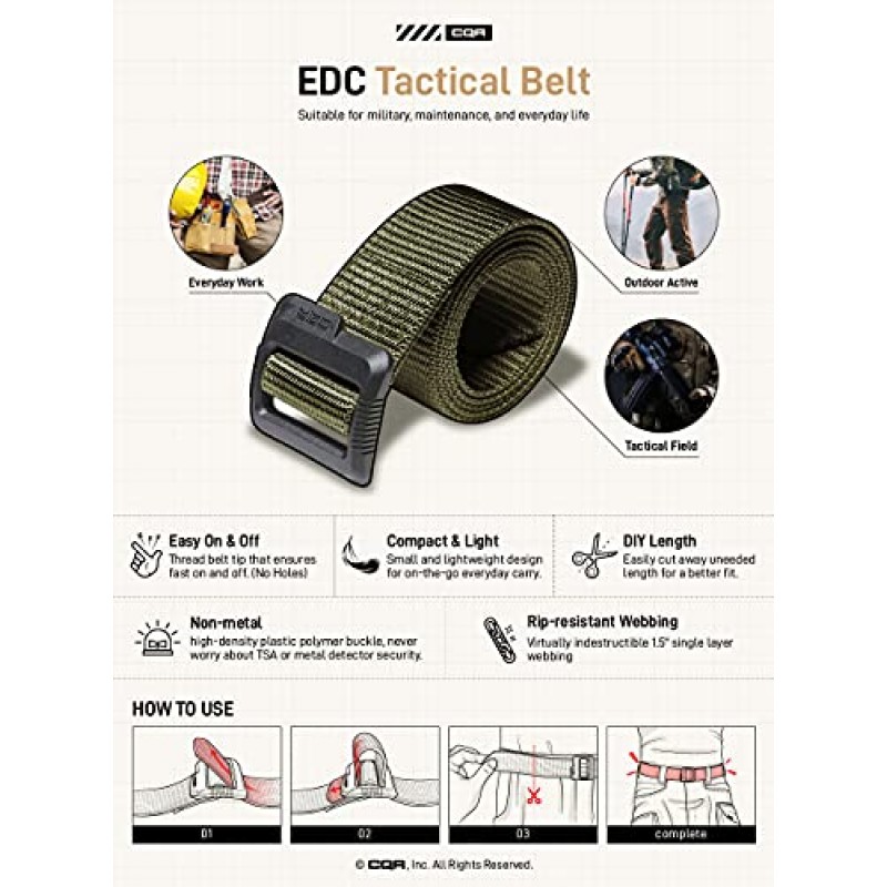 CQR 1 또는 2팩 전술 벨트, 군용 스타일 헤비듀티 벨트, 웨빙 EDC 퀵 릴리스 버클