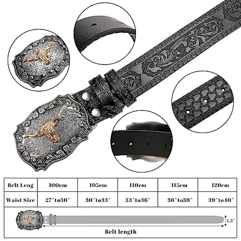 Jadive 서양 가죽 버클 벨트 카우보이 롱혼 황소 패턴 버클 벨트 꽃 새겨진 버클 벨트 남성용