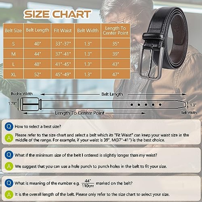 SUNYA 남성용 벨트 가죽, 1.3인치 남성용 드레스 벨트, 싱글 프롱 버클. 청바지 바지용 캐주얼 남성 벨트. 블랙과 브라운