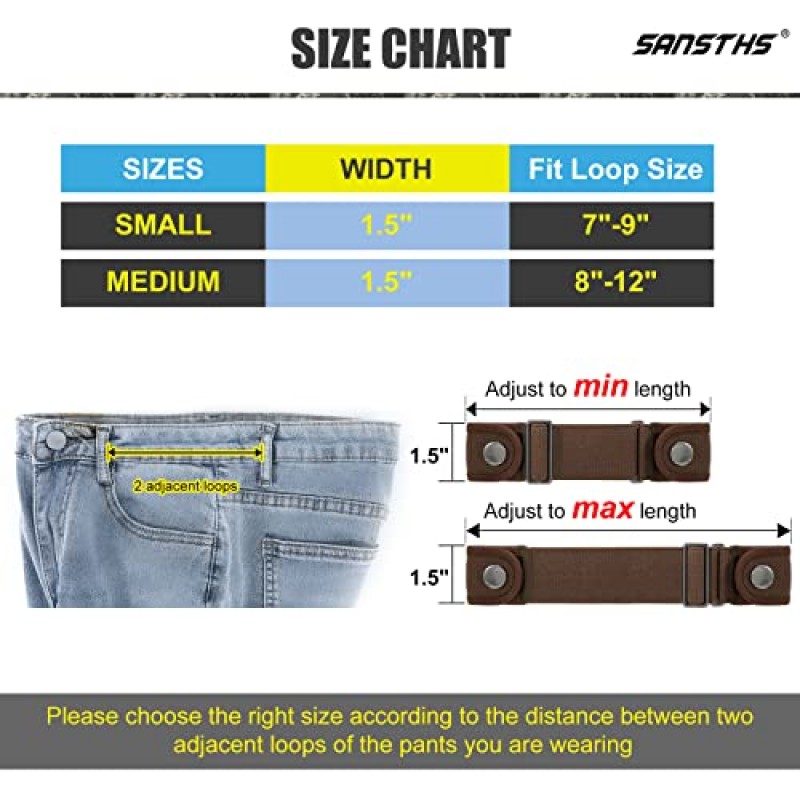 SANSTHS 2 팩 남성용 탄성 벨트, 2 루프 버클 없음 신축성있는 여성용 사이드 벨트 청바지 바지 용 조정 가능한 보이지 않는 벨트
