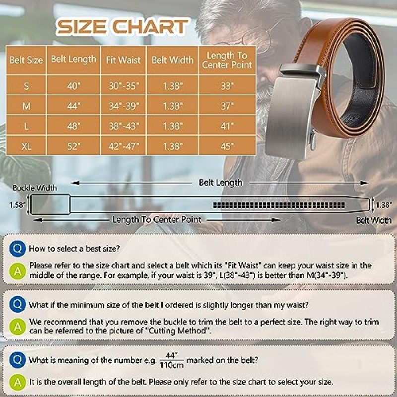 SUNYA 남성용 벨트 가죽, 남성용 래칫 벨트, 슬라이드 클릭이 가능한 35mm 가죽 벨트. 남성용 드레스 벨트 블랙 및 캐주얼 브라운