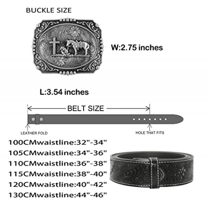 종교 십자가 카우보이 무릎을 꿇고기도 버클, 정품 소 가죽, 클래식 및 복고풍 패턴 패션 디자인이있는 Moranse 벨트