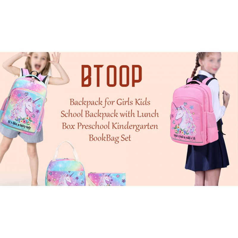 BTOOP 소녀 배낭 키즈 소년 초등학교 Bookbag 절연 점심 토트 및 연필 주머니가있는 Girly 학교 가방