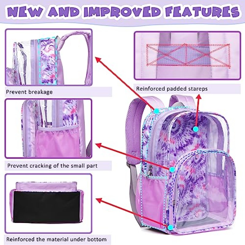 BLUEFAIRY Clear Backpack for Girls Stadium 승인 헤비 듀티 PVC 투명 도서 가방 학교 행사용 가방을 통해 볼 수 있는 귀여운 여행 선물 17 인치 Laege Purple