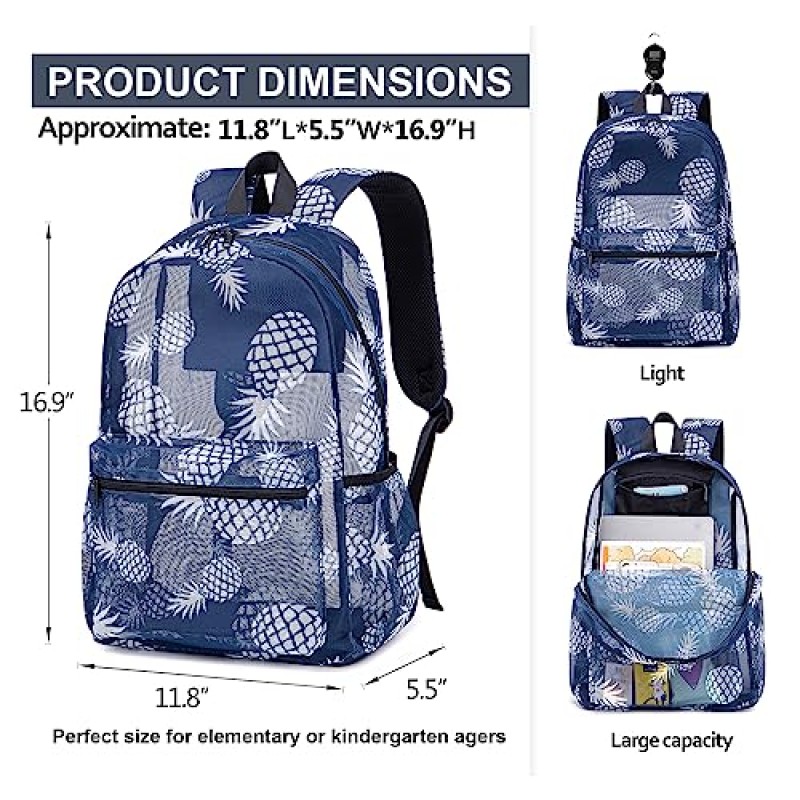어린이를위한 LEDAOU 메쉬 배낭 소녀 반투명 메쉬 학교 배낭 책가방 해변 체육관을위한 경량 캐주얼 데이 팟 (화이트 파인애플)