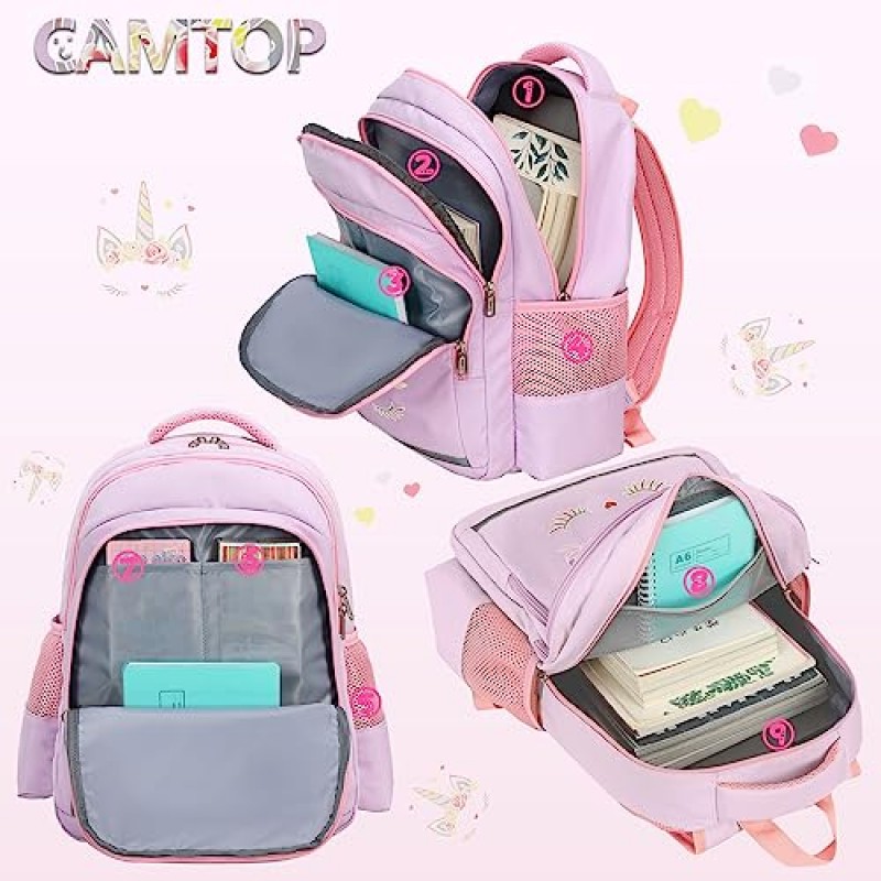 어린이를위한 CAMTOP 배낭 도시락 상자가있는 소녀 유치원 배낭 유아 유치원 빛나는-유니콘 BookBag 세트