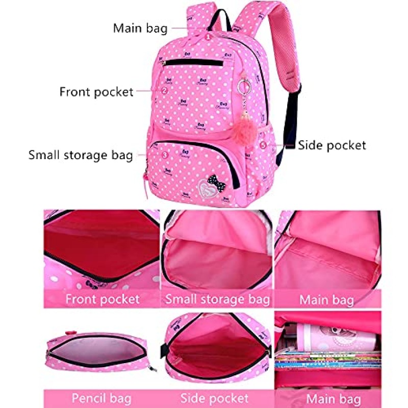 LAMOGRAFY 3Pcs 어린이 배낭 Bowknot 인쇄 Daypack 소녀 3 in 1 학교 가방 어깨 가방과 연필 가방