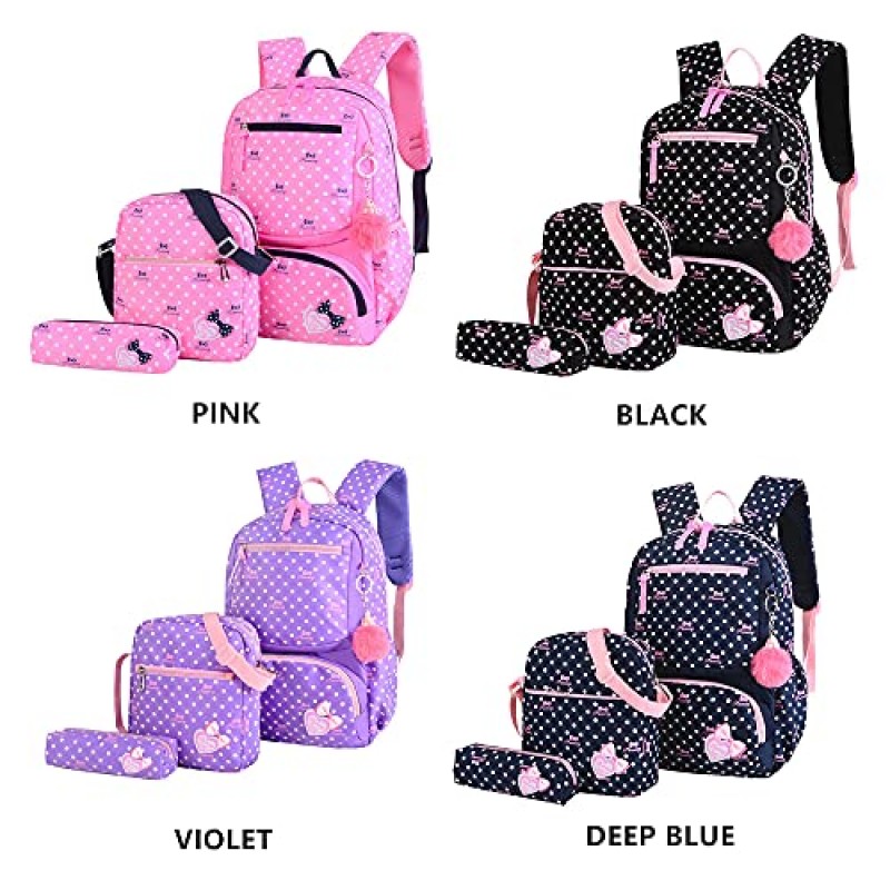 LAMOGRAFY 3Pcs 어린이 배낭 Bowknot 인쇄 Daypack 소녀 3 in 1 학교 가방 어깨 가방과 연필 가방